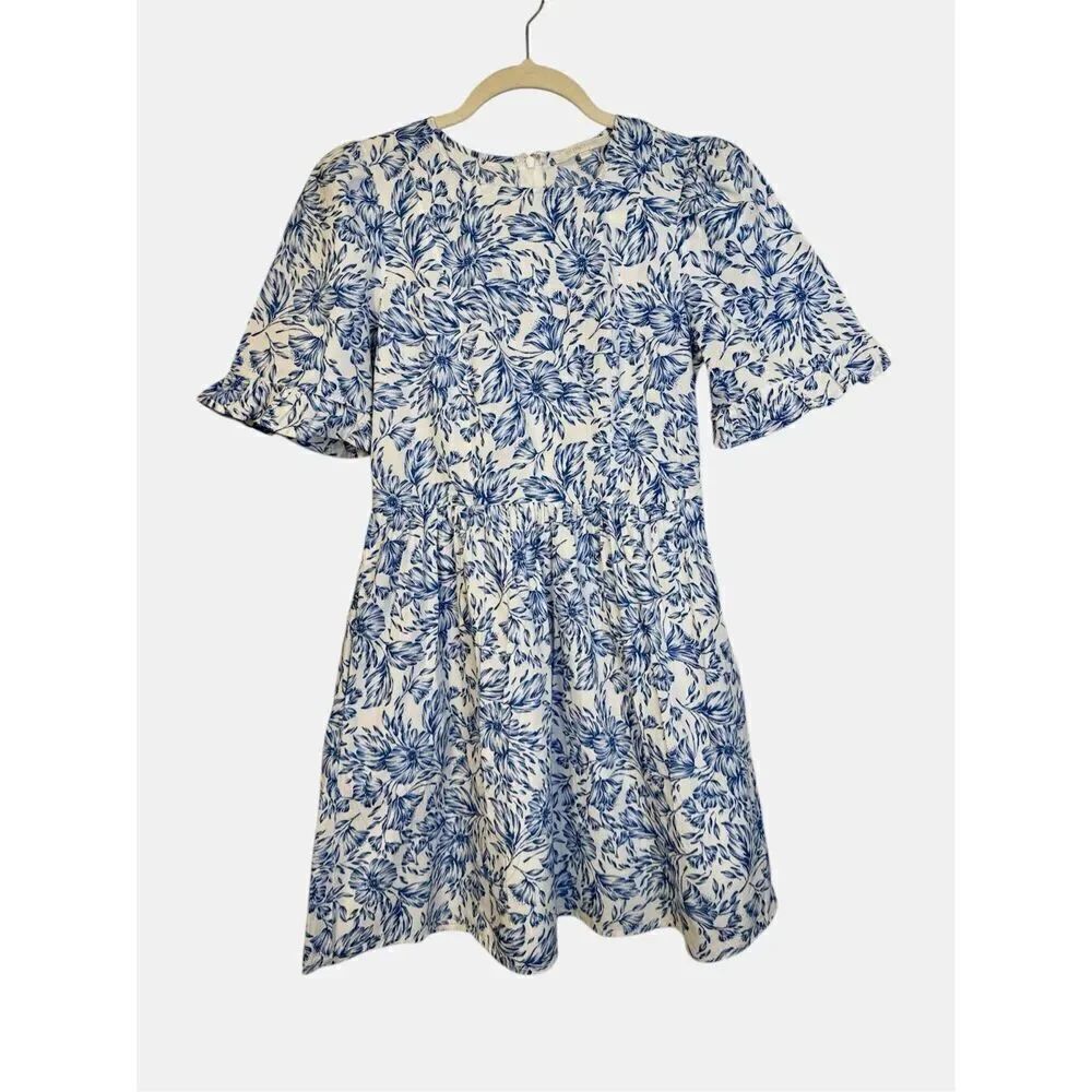Olivaceous Blue/White French Floral Print Dress Sz. S Party Brunch Ruffle Sleeve